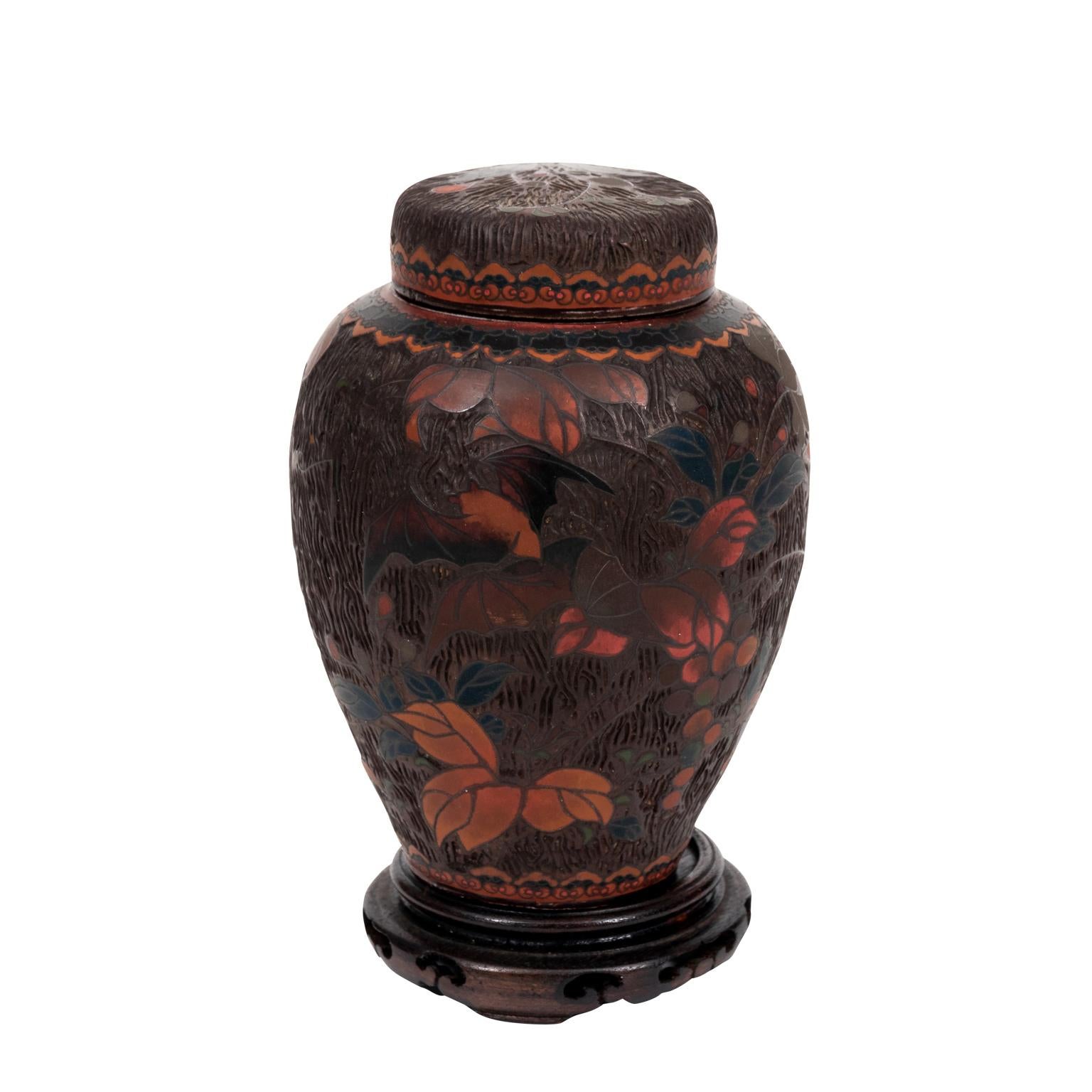 Japanese Totai Shippo Cloisonne Tree Bark Ginger Jar 4