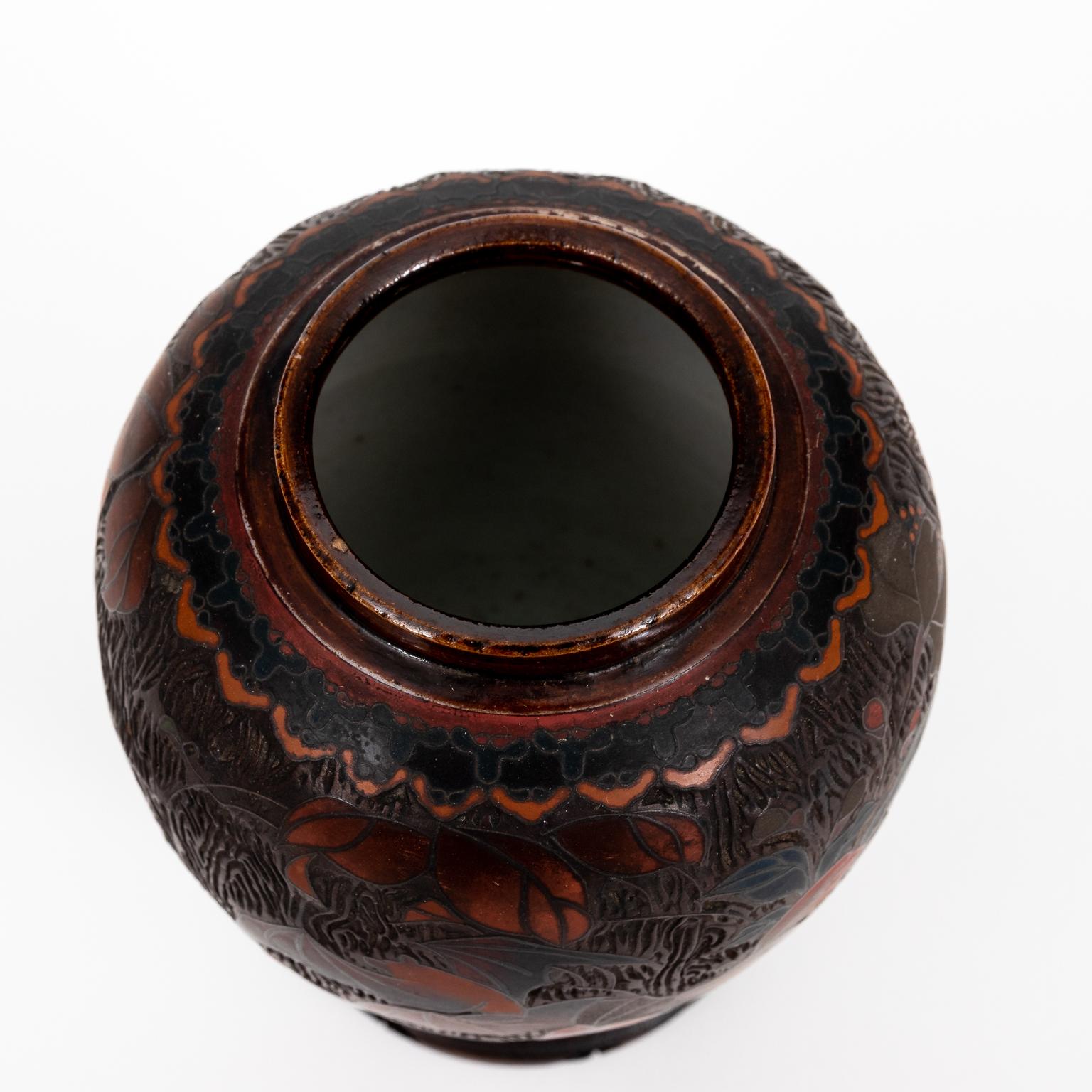 Enameled Japanese Totai Shippo Cloisonne Tree Bark Ginger Jar