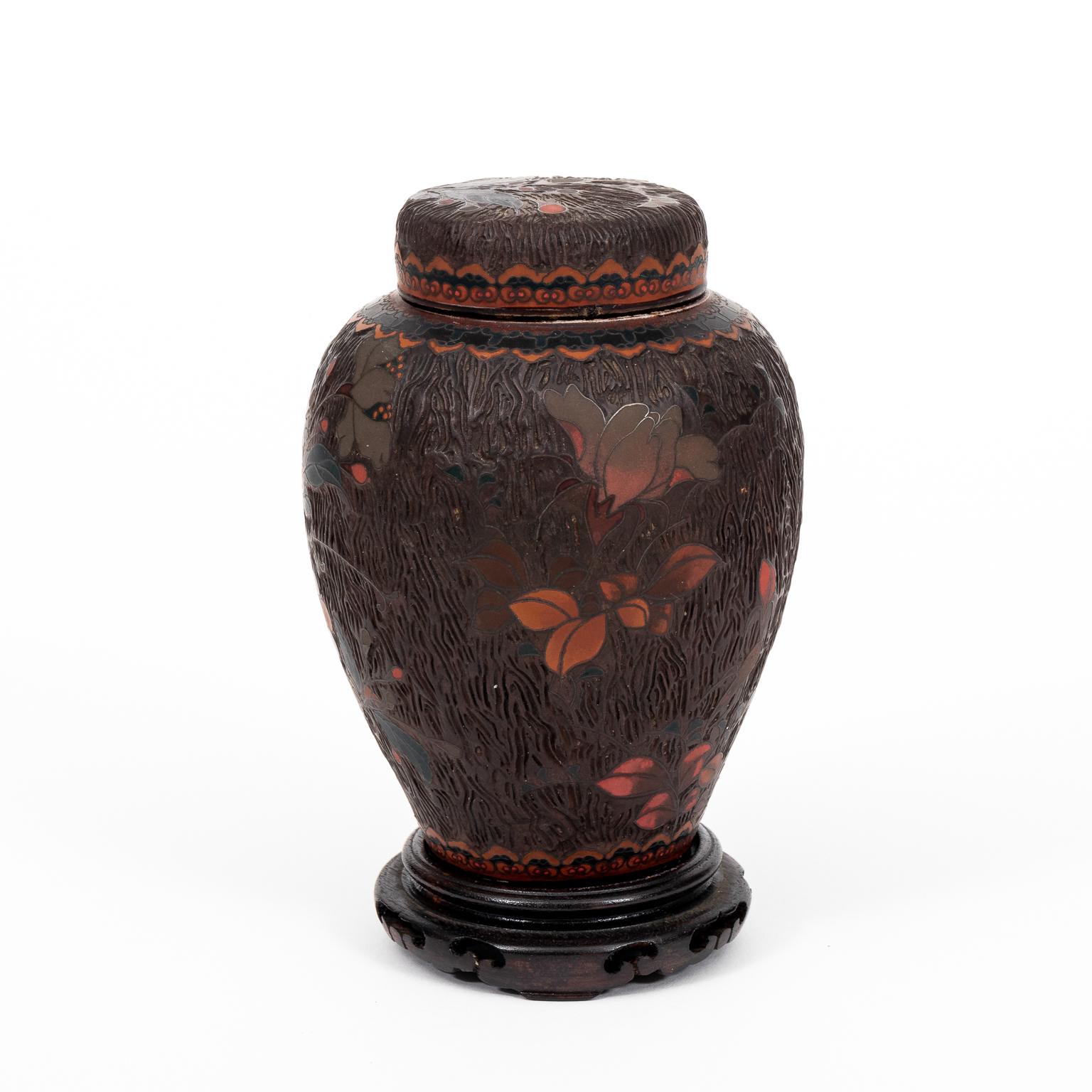 Japanese Totai Shippo Cloisonne Tree Bark Ginger Jar 2