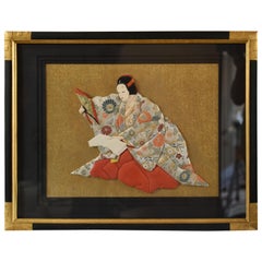 Japanese Contemporary Framed Orange Green Brocade Hand-Crafted Decorative Art, 3