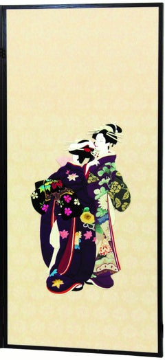 Japanese Traditional Brocade Silk Two-Panel Folding Screen