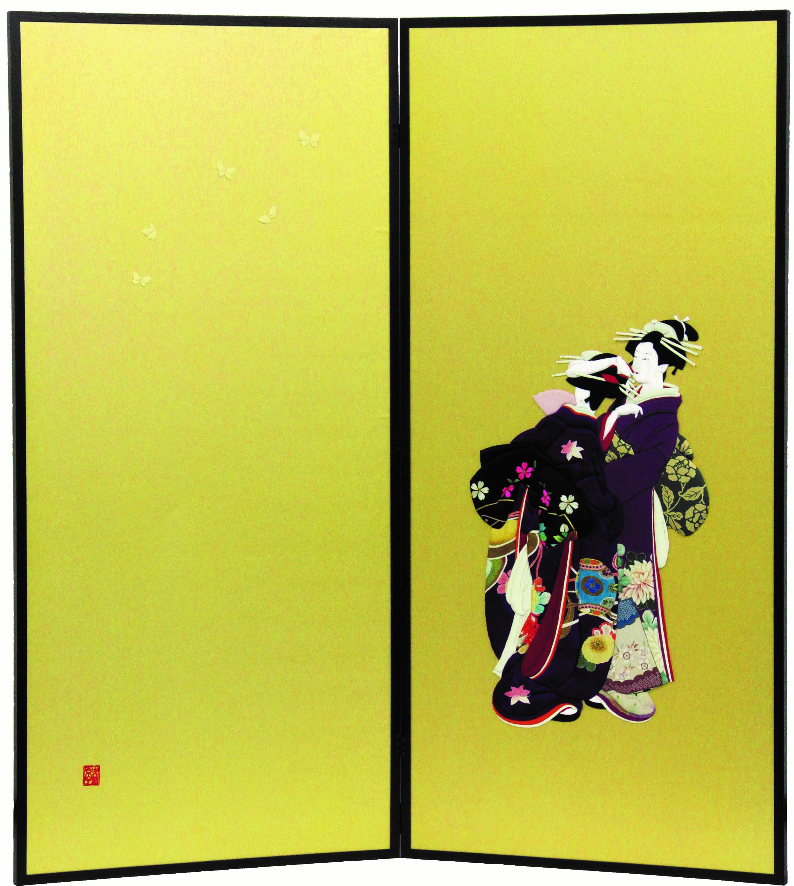Contemporary Japanese Traditional Brocade Silk Two-Panel Folding Screen For Sale