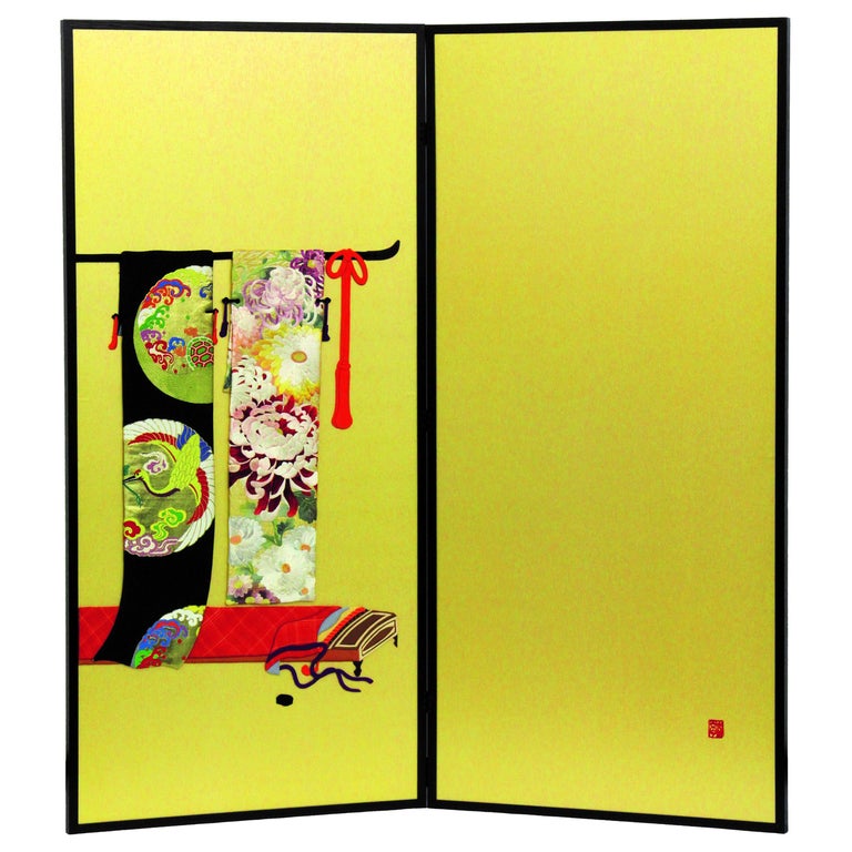 Japanese Traditional  Brocade Silk Two-Panel Folding Screen For Sale