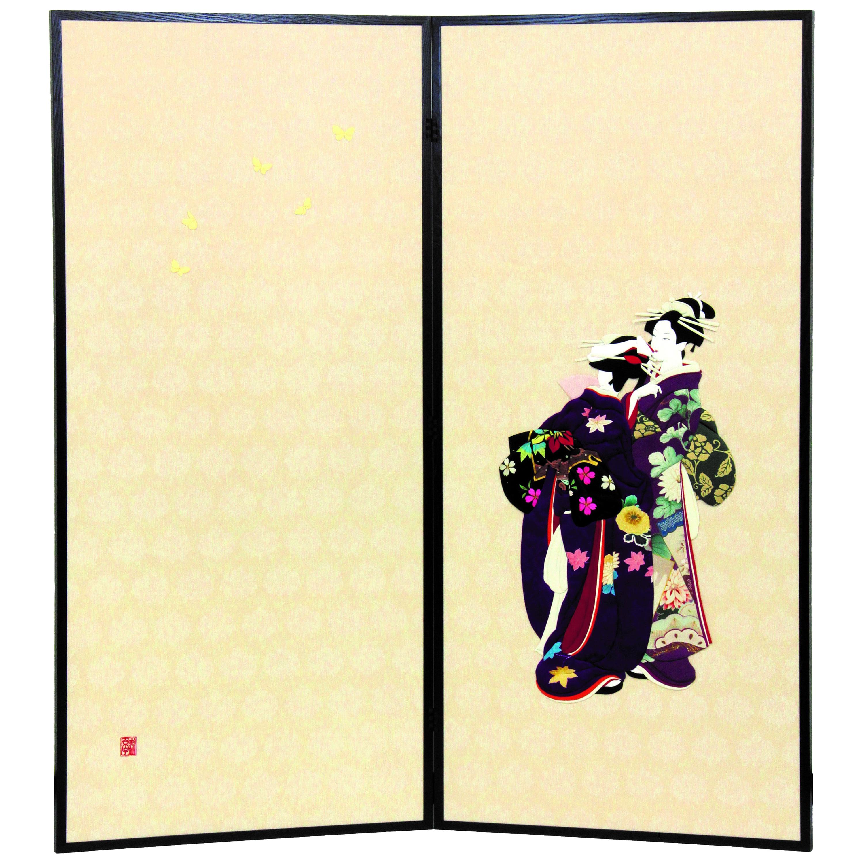 Japanese Traditional Brocade Silk Two-Panel Folding Screen