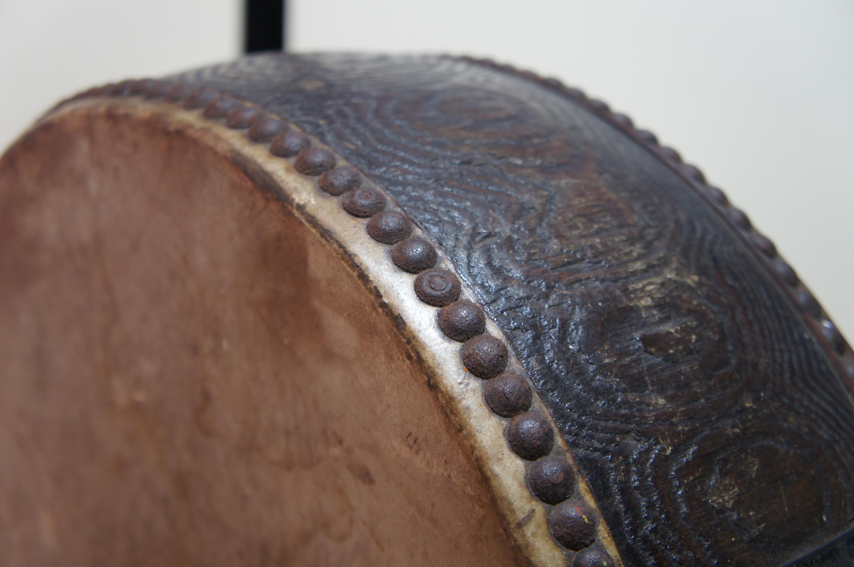 Iron 20th Century Japanese Traditional Keyaki Wood Flat Drum, Hira Taiko, 1930s For Sale