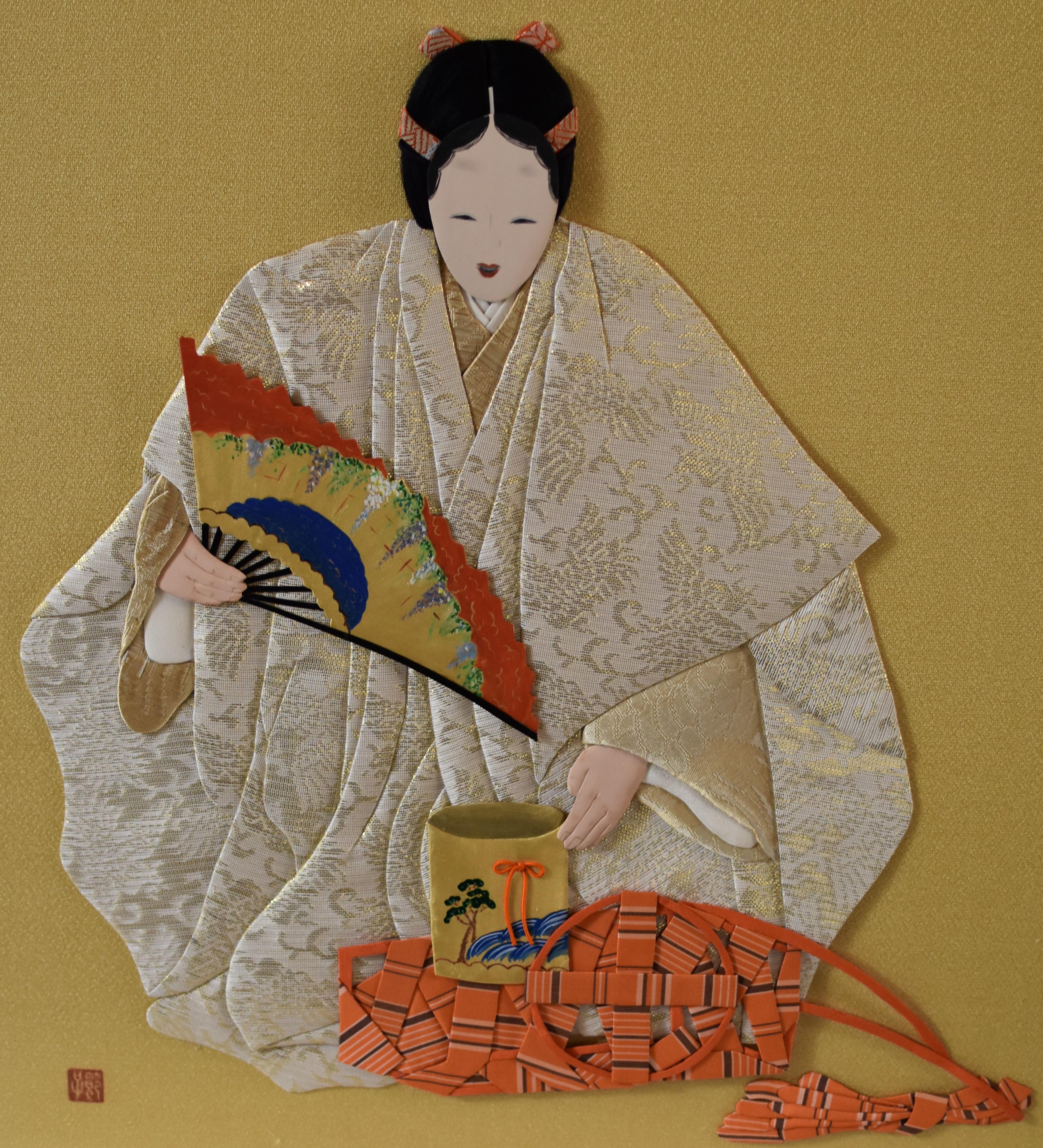 Unique exquisite Japanese contemporary framed traditional decorative handcrafted art form known as oshie (literally, “pressed pictures”) that goes back to the Edo period (1603-1868). Exceptional famed oshie piece in gold, cream and orange depicts a