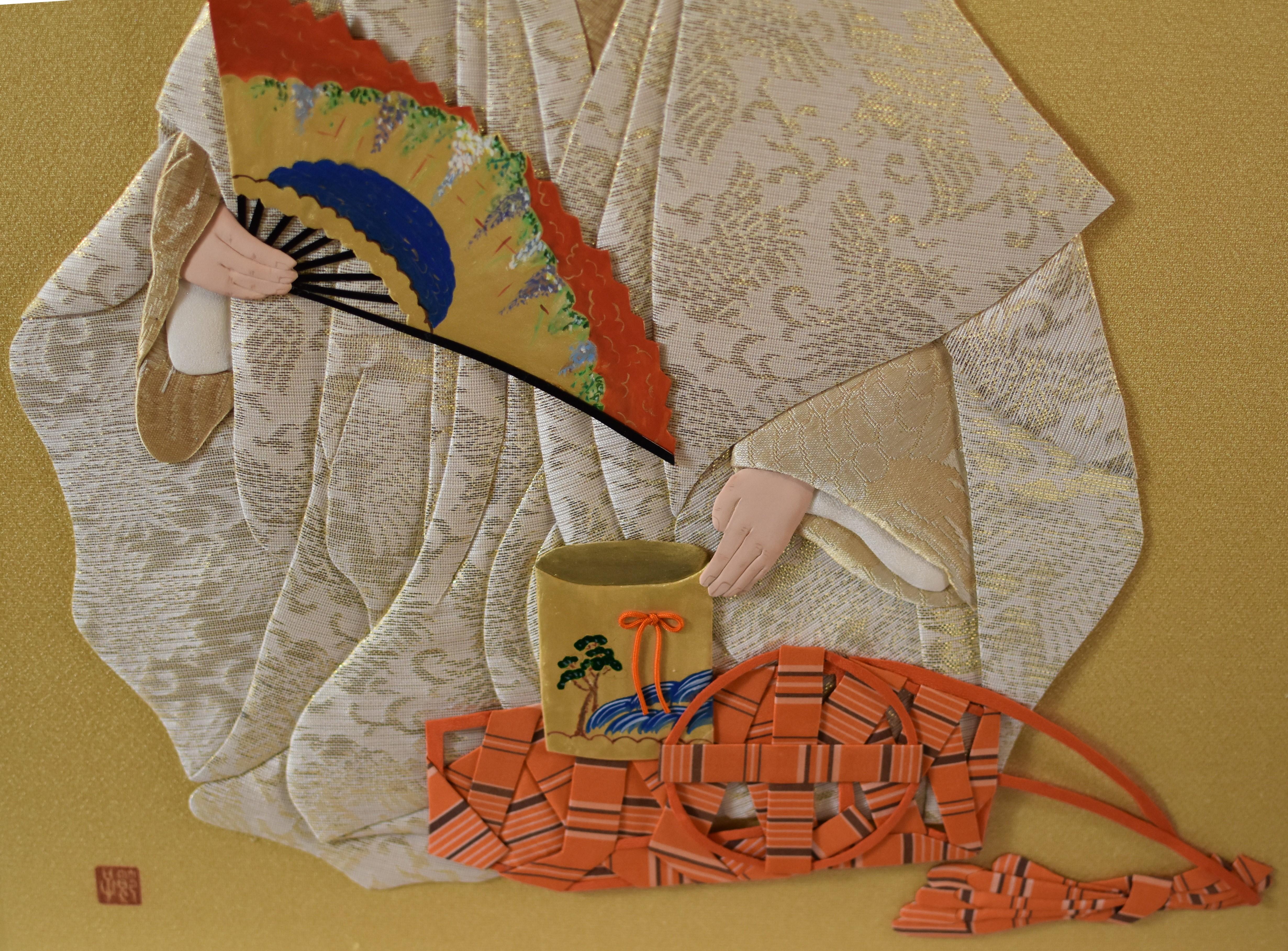 Fait main Art Decoratif Japonais Contemporain Encadré Soie et Brocart Handcraft en vente