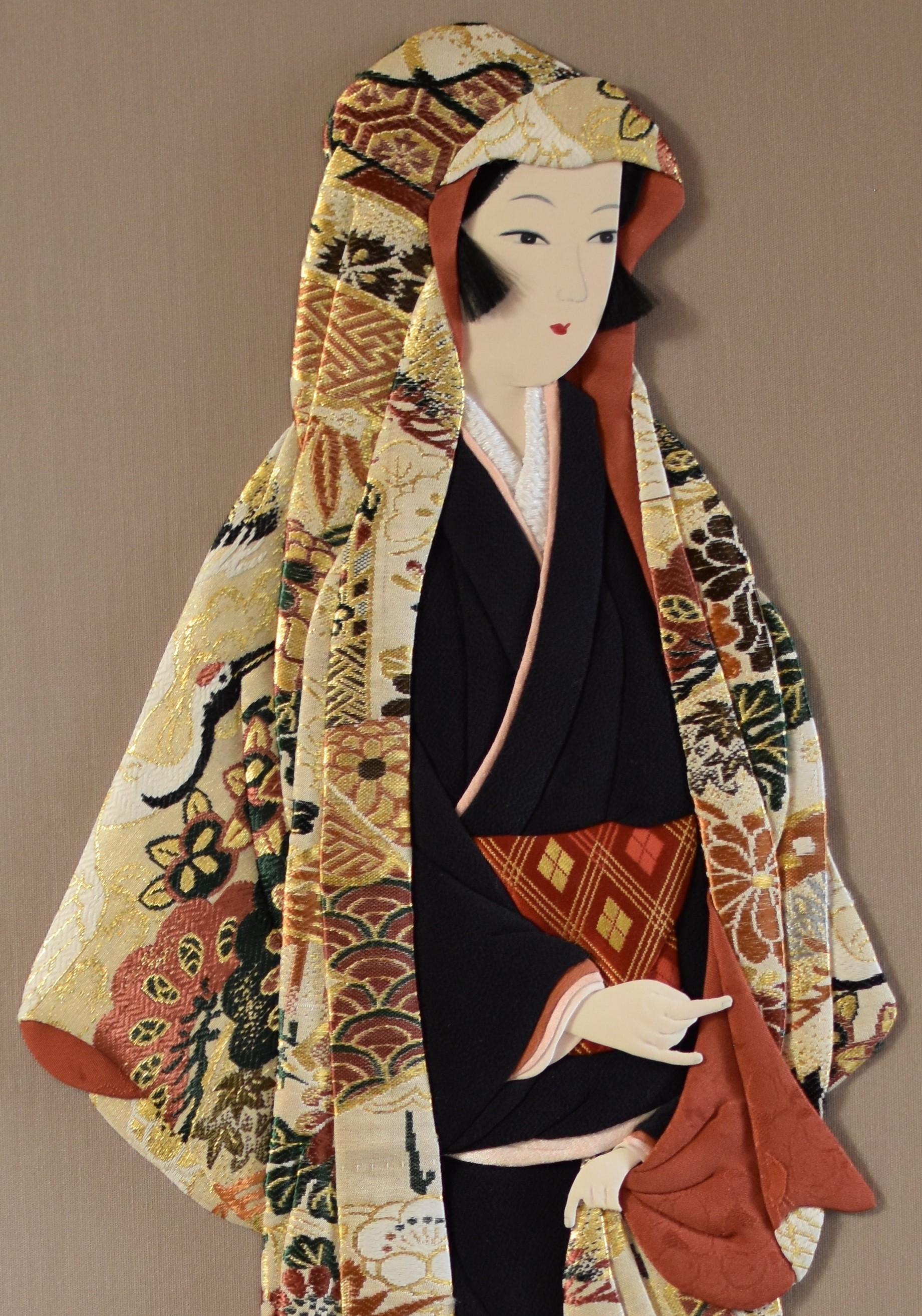Extraordinary hand crafted Japanese contemporary traditional oshie decorative art piece with a stunning three-dimensional effect. This is a traditional Japanese handcrafted wall decorative art form using high quality silk and brocade fabrics, known