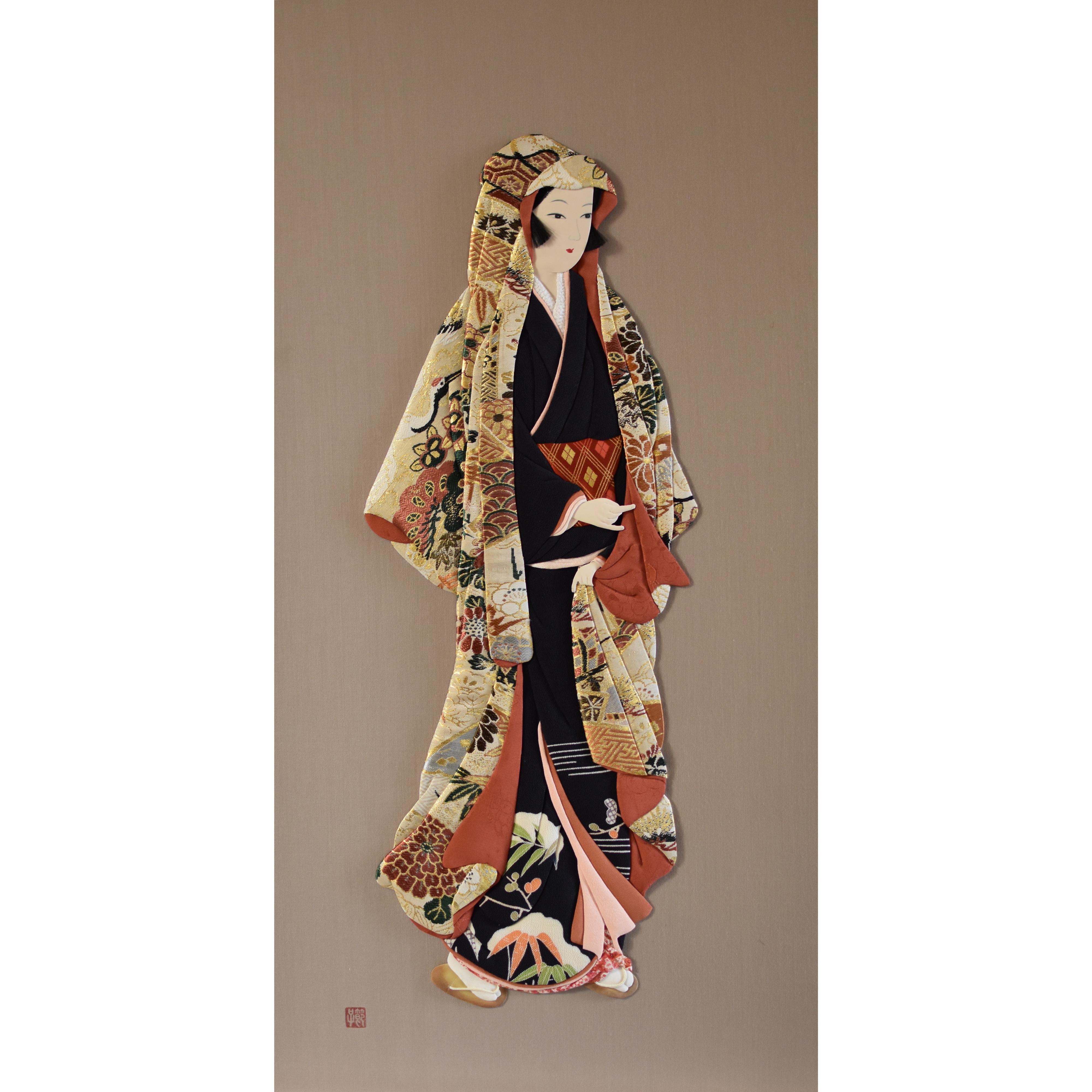 Brocart de soie japonais contemporain Traditionnel Oshie Art Decoratif Artisanal