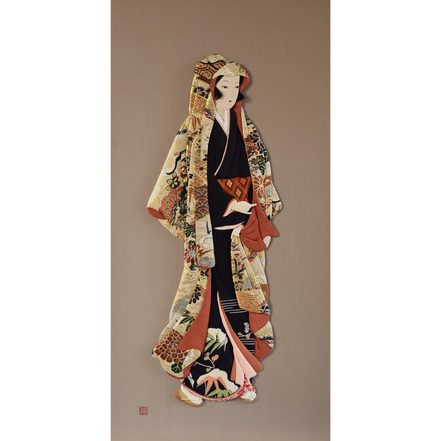 Japanese Contemporary silk brocade Traditional Oshie Handcrafted Decorative  Art For Sale at 1stDibs