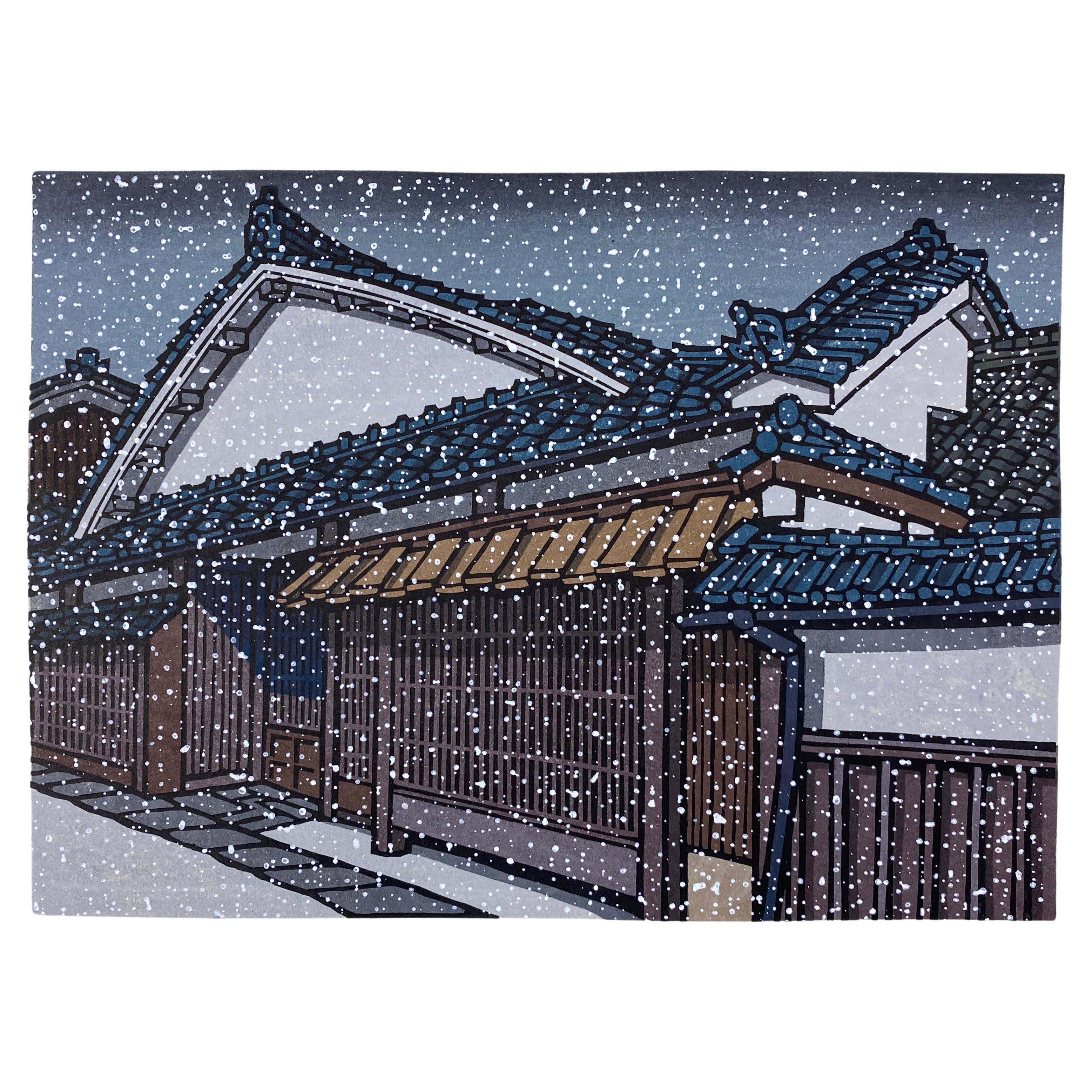 Traditionelle japanische Schneeblumen mit Holzschnitt-Druck im Angebot