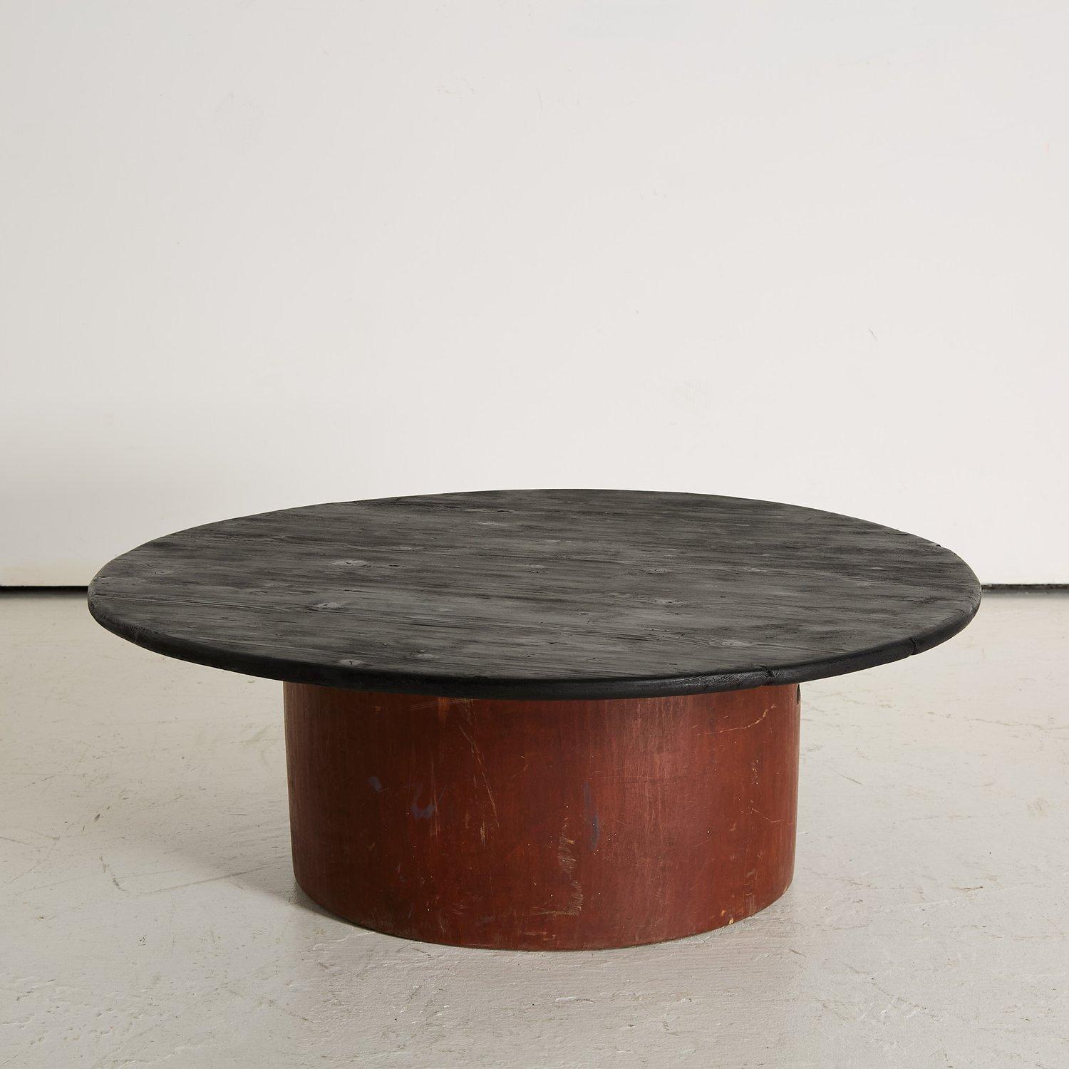 Charred pitch pine top, paired with a Meiji period painted trunk base. 

W 97cm x H 34cm
