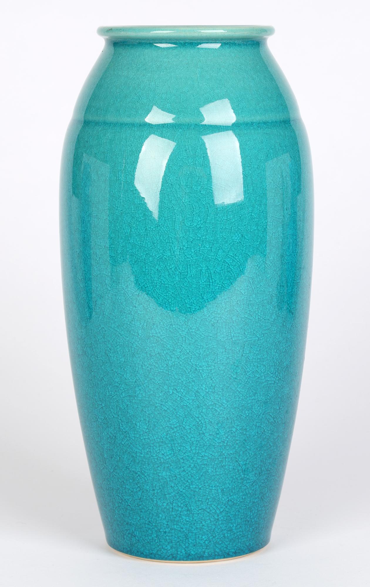 Japanese Turquoise Glazed Fine Craquelure Art Pottery Vase 3