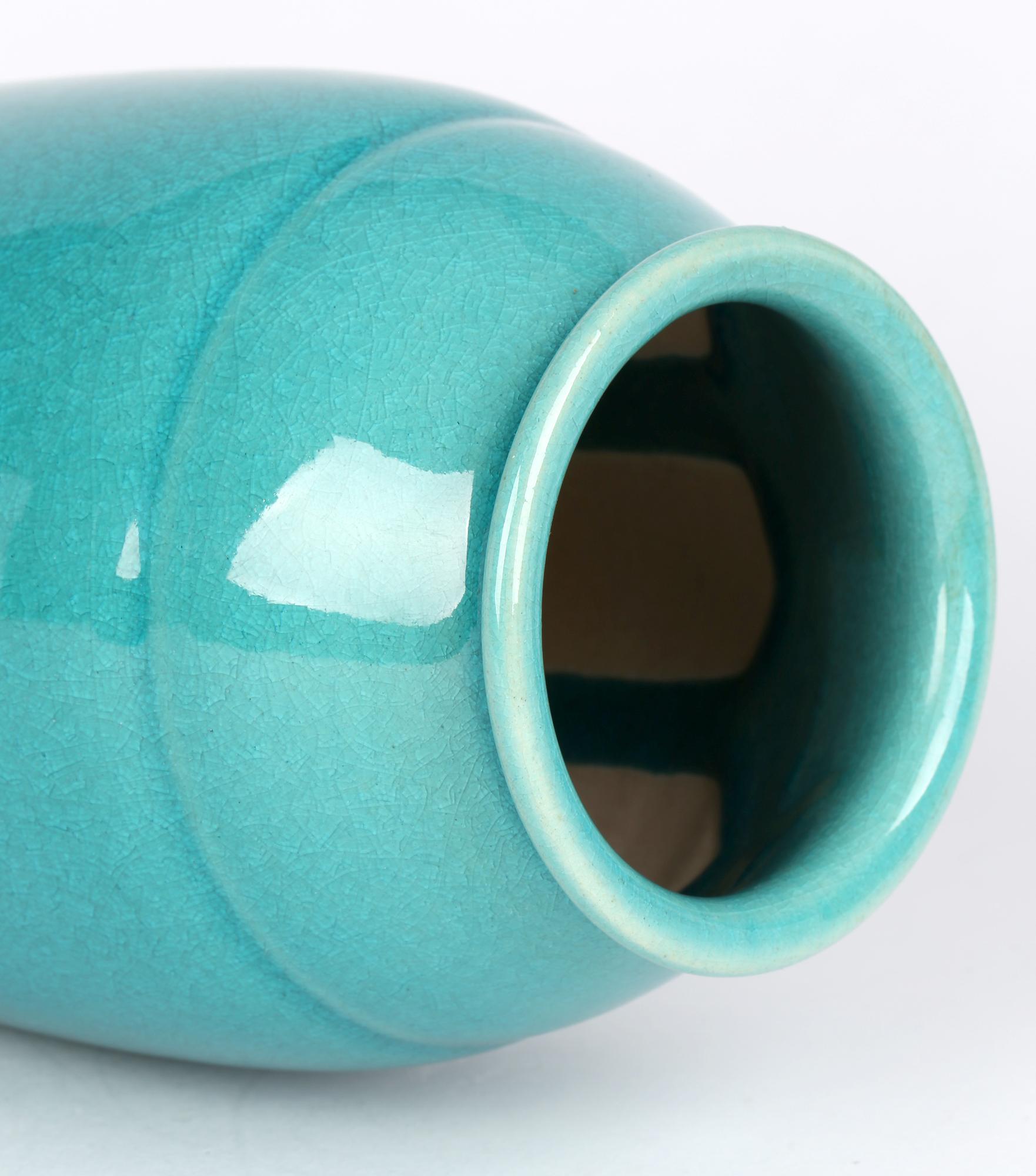 Japanese Turquoise Glazed Fine Craquelure Art Pottery Vase 5