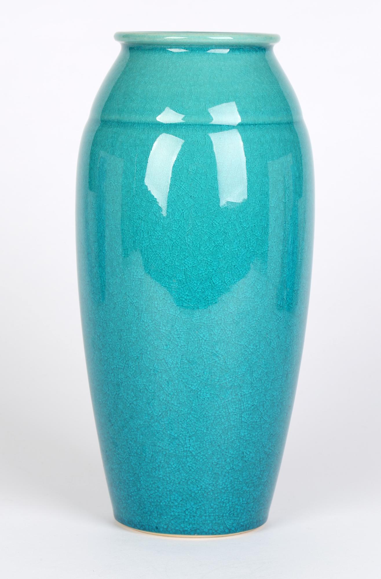 Japanese Turquoise Glazed Fine Craquelure Art Pottery Vase 6