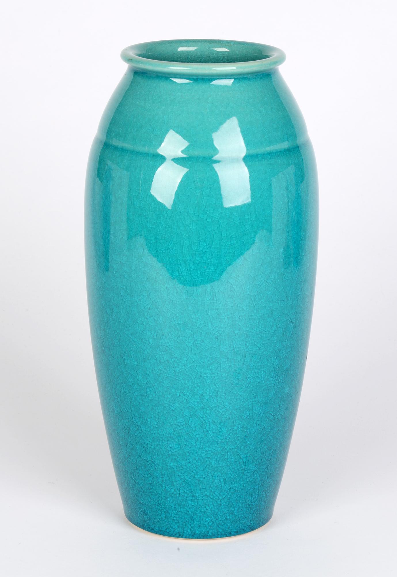 Japanese Turquoise Glazed Fine Craquelure Art Pottery Vase 1