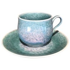 Japanese Turquoise Hand-Glazed Porcelain Cup and Saucer by Master Artist