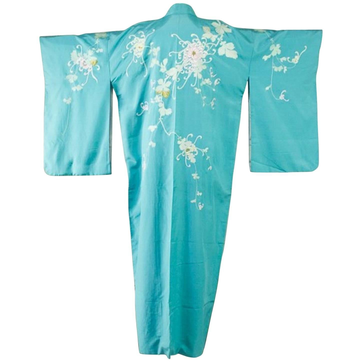Japanese Turquoise Silk Hōmongi Kimono with Embroidered Chrysanthemums and Vines