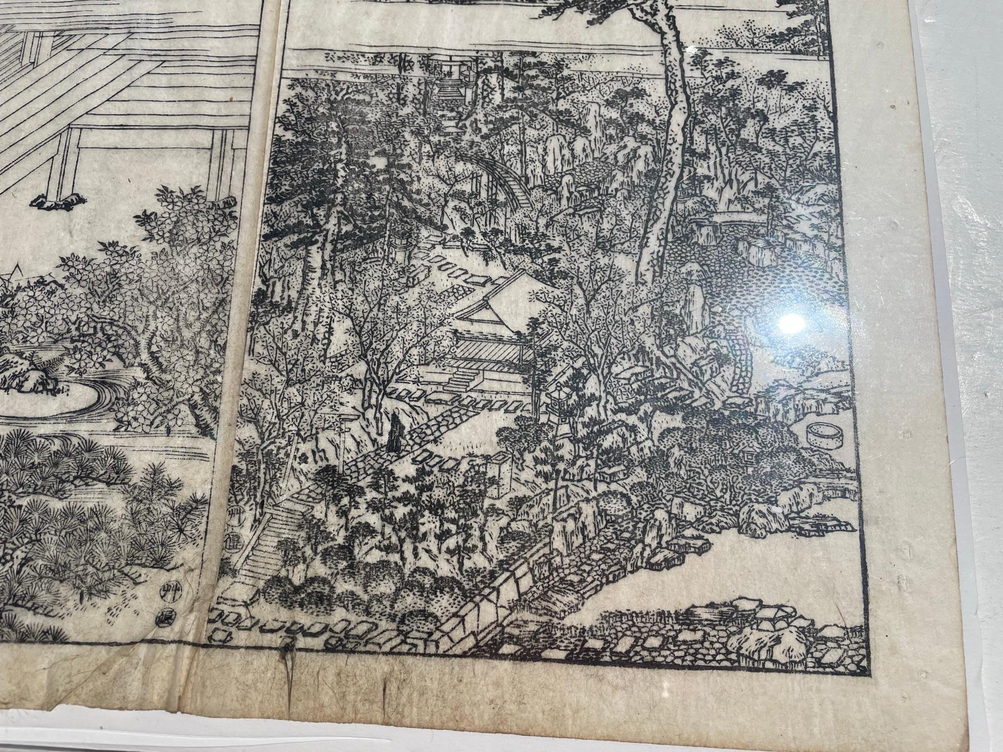Japanese Pair Old Kyoto Garden Woodblock Prints 19thc immediately Frameable For Sale 6