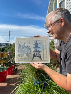 Japanese Pair Antique Kyoto Garden Woodblock Prints 19thc, immediately Frameable