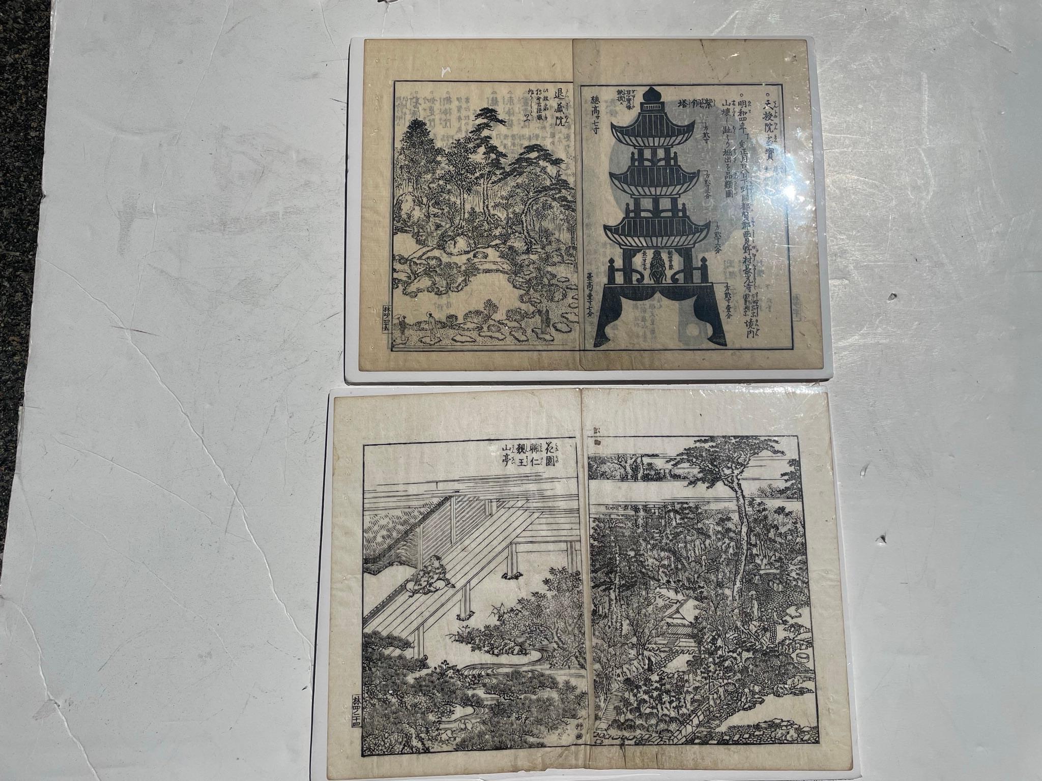 Edo Paire de gravures sur bois de jardin japonaises du 19e siècle, immédiatement encadrables en vente