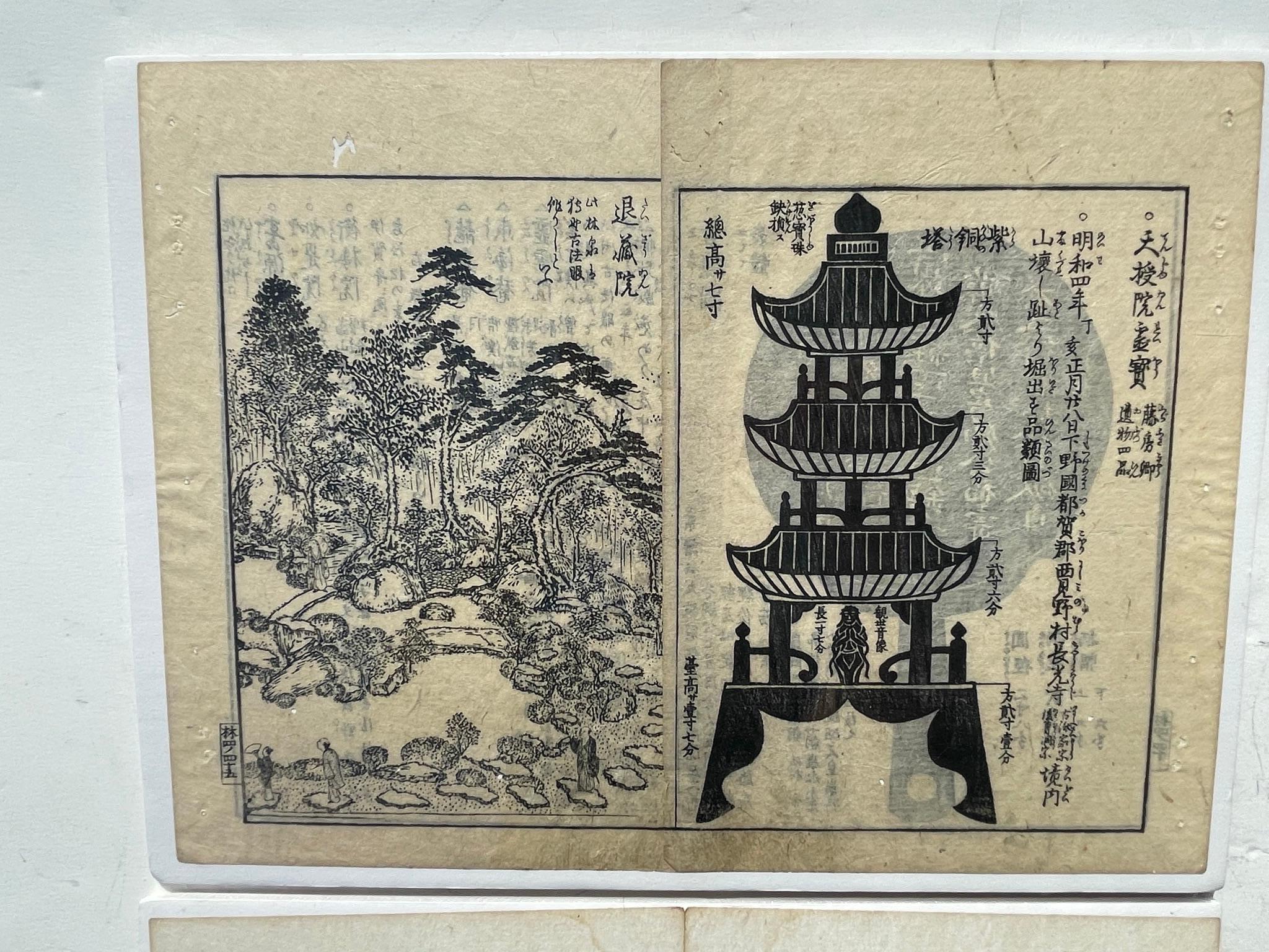 Edo Japanese Pair Old Kyoto Garden Woodblock Prints 19thc immediately Frameable For Sale