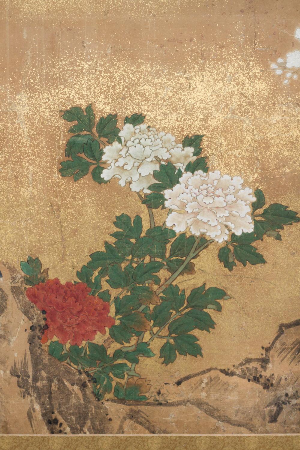Japanese two-panel screen: Peony and Cherry, Edo period (circa 1800) painting, formerly fusuma (Japanese sliding doors), executed in the Kano school style, featuring a cherry tree in bloom, partially obscured by gold dust mist. A bird rests on the
