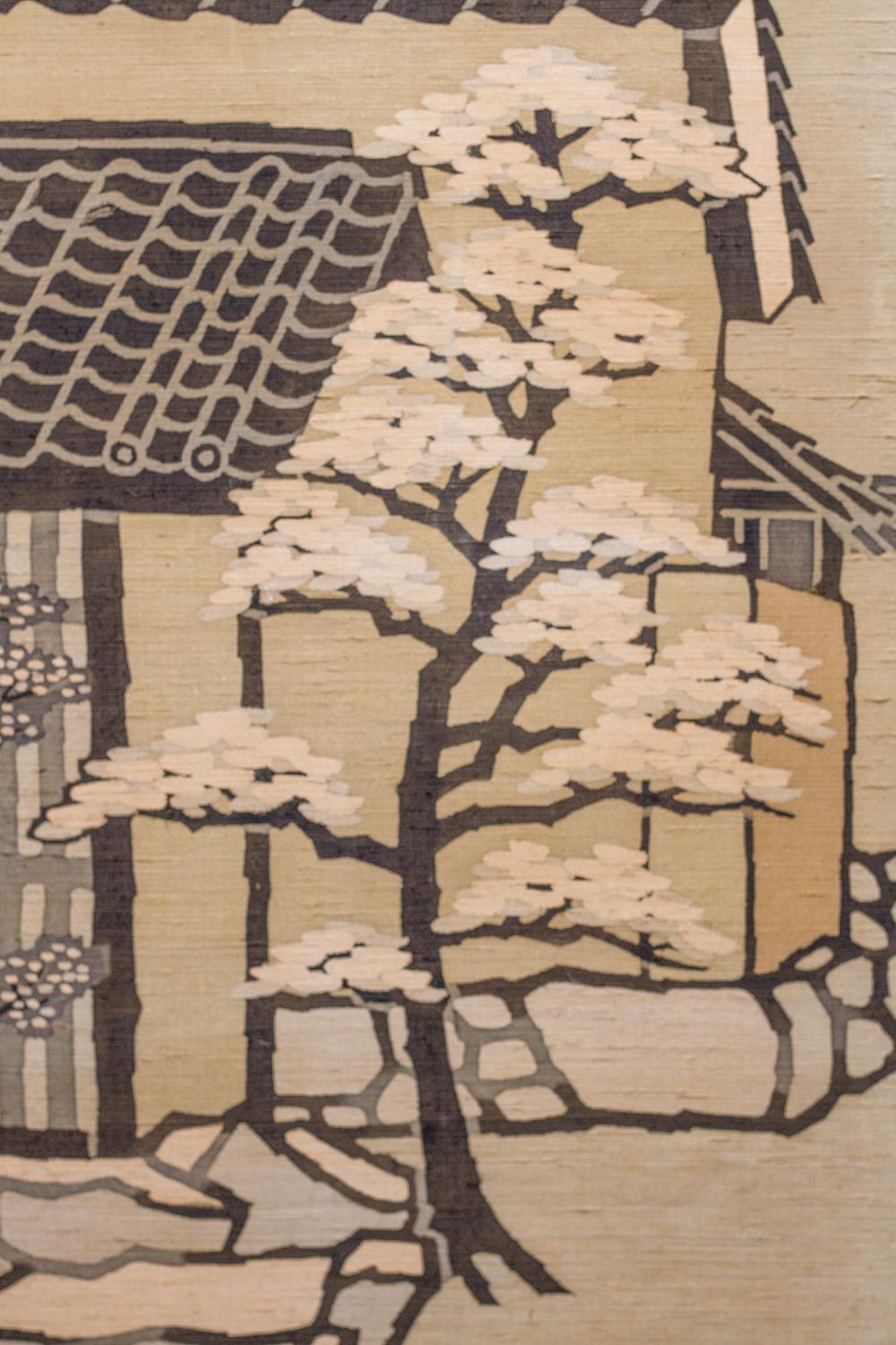 Japanese two-panel screen: Kyoto town street scene, view down the street in Kyoto, showing a small garden. Sumie (ink painting) on raw silk. Seal reads: Hata. Born in Kyoto 1917, died 2005.