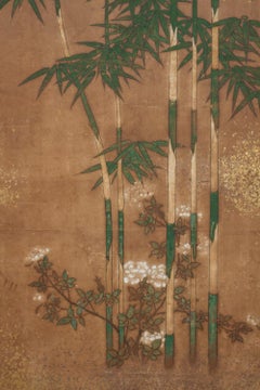 Japanese Two Panel Screen: Bamboo Grove on Mulberry Paper with Gold Dust
