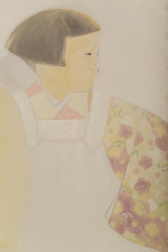 Japanese Two Panel Screen Nihonga Style Painting of Children in Western Dress