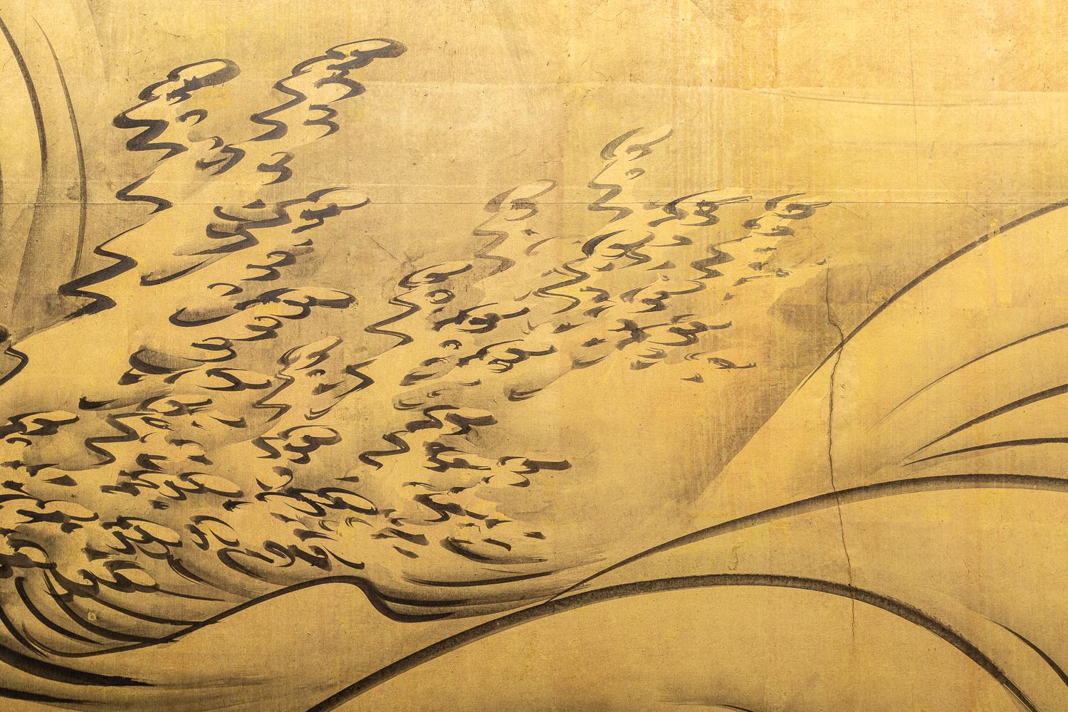 Ink on gold leaf with a silk brocade border. Signature reads: Nakajima Raishou (1796-1872). Student of Maruyama Okyo (one of Japan's most famous artists).