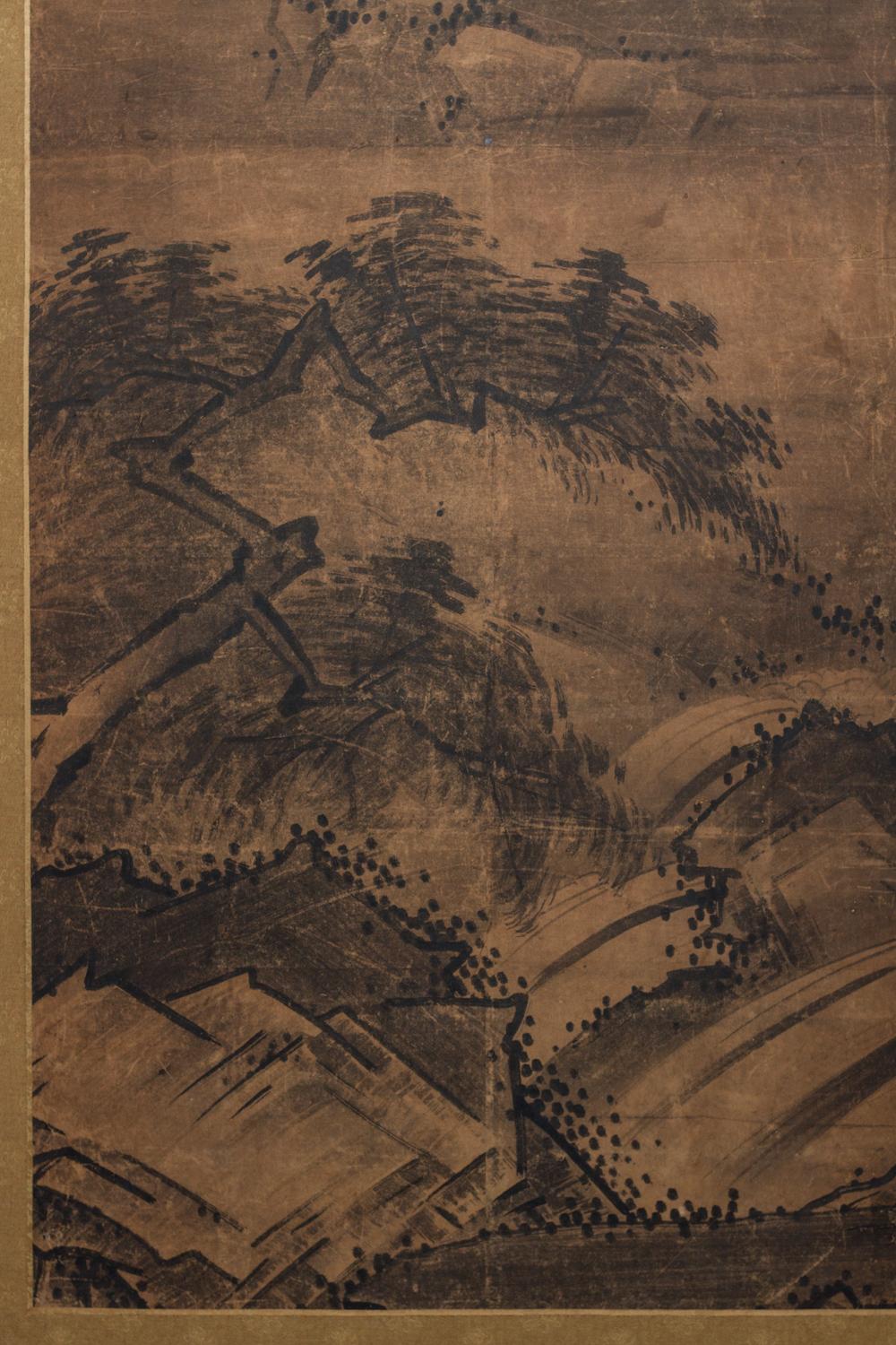 Japonais Paravent japonais à deux panneaux - Paysage Suiboku en style Sesshu en vente