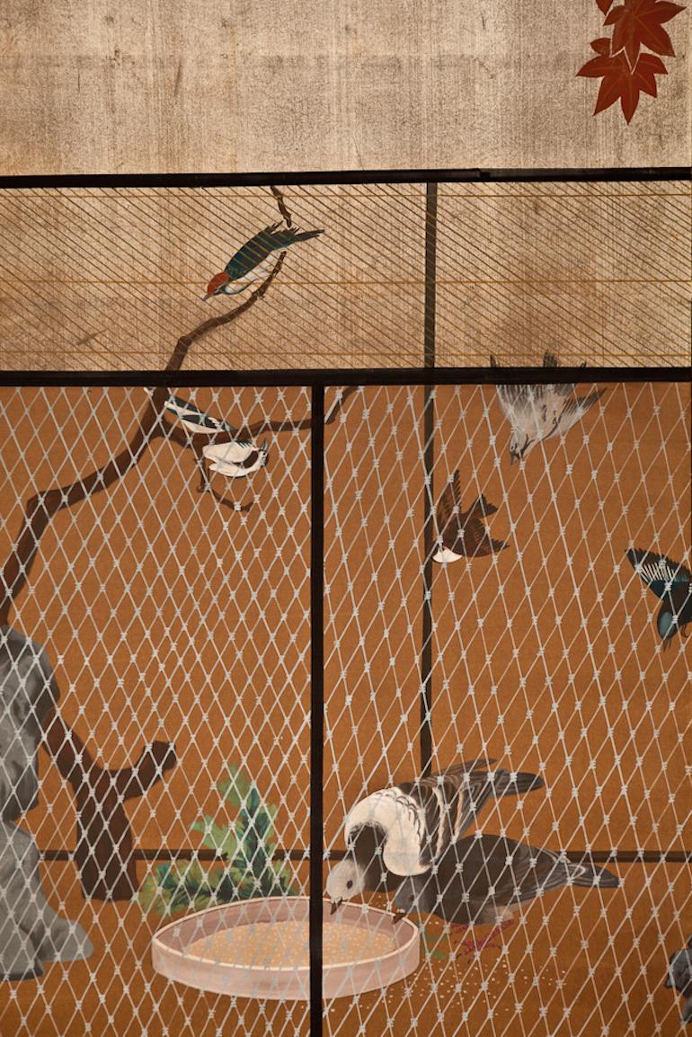 Showa Japanese Two Panel Screen Aviary Shaded by A Maple Tree For Sale