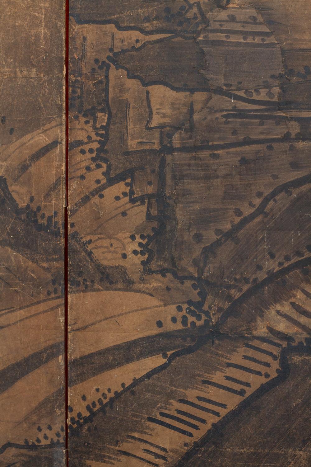 XVIIIe siècle et antérieur Paravent japonais à deux panneaux - Paysage Suiboku en style Sesshu en vente