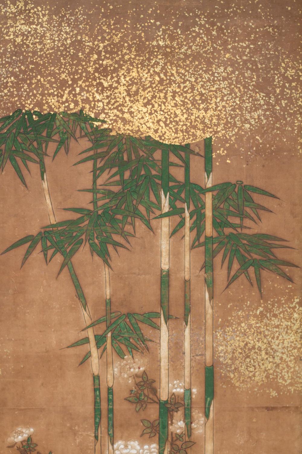 Japanese Two Panel Screen: Bamboo Grove on Mulberry Paper with Gold Dust In Good Condition For Sale In Hudson, NY