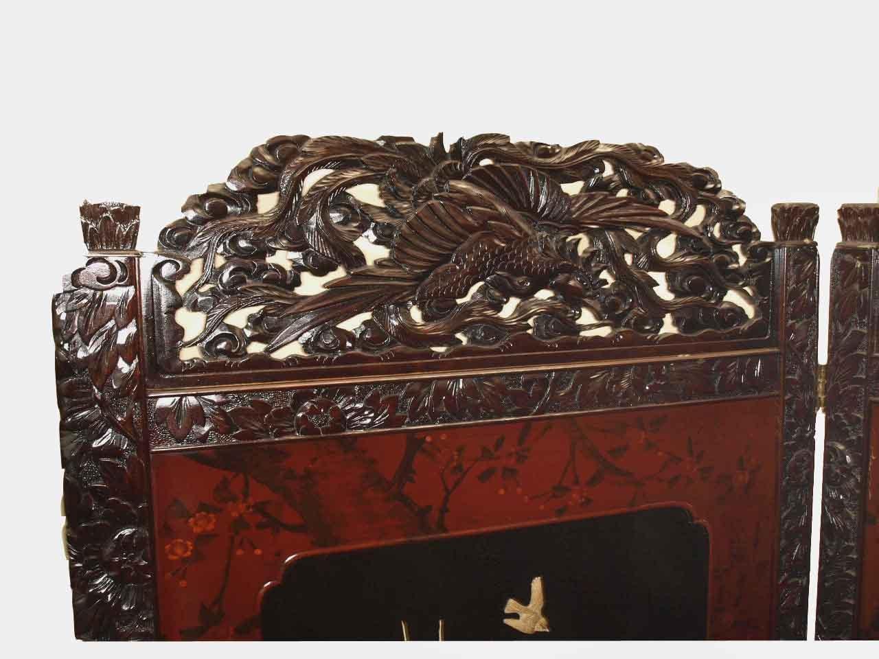 Japanese Two Panel Carved Lacquer Screen 5