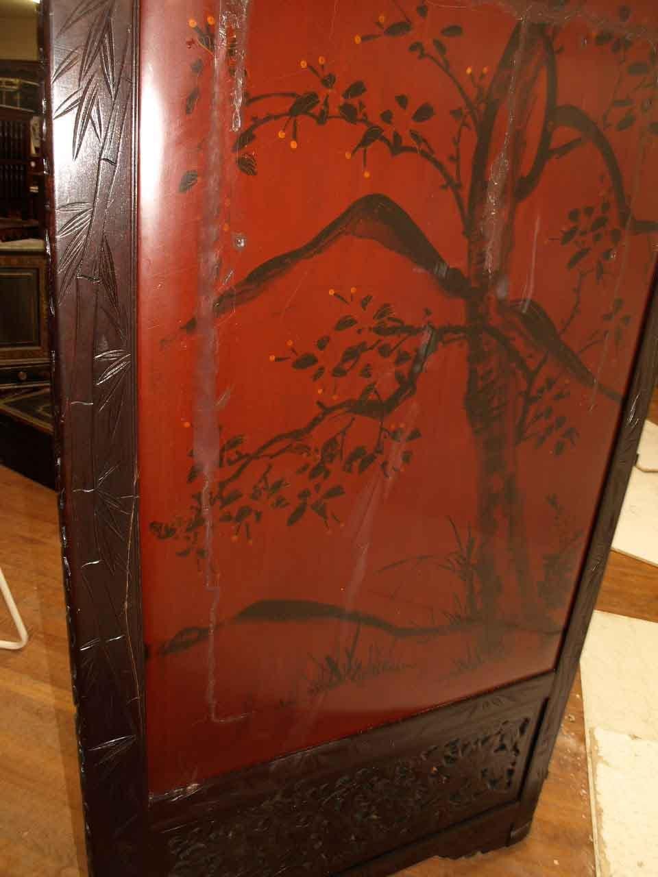 Japanese Two Panel Carved Lacquer Screen 8