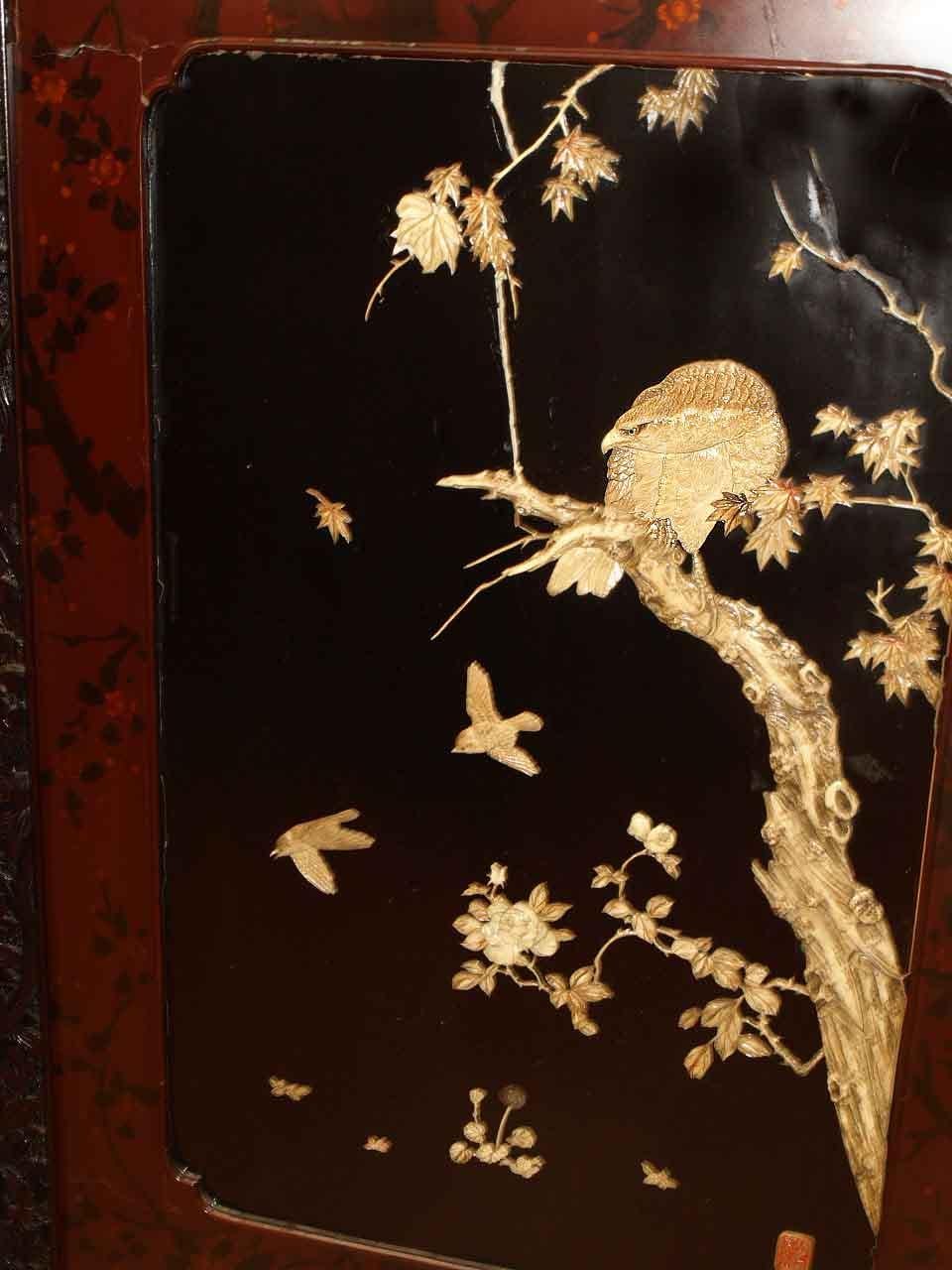 Japanese Two Panel Carved Lacquer Screen 14