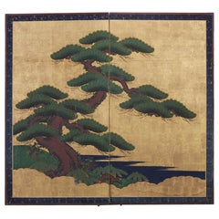 Japanese Two-Panel Edo Screen of Ancient Pine