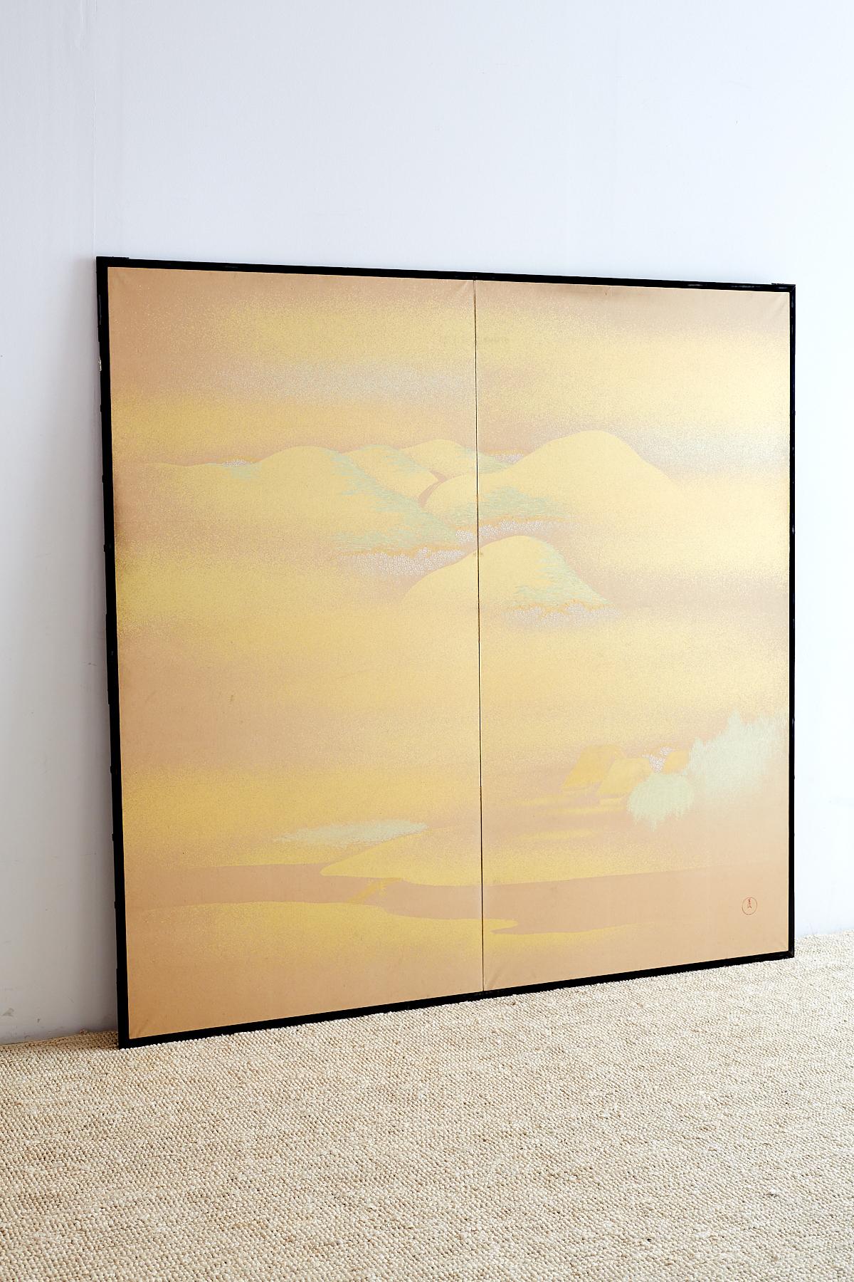 Meiji Japanese Two-Panel Gold Leaf Screen by Yoshikawa For Sale