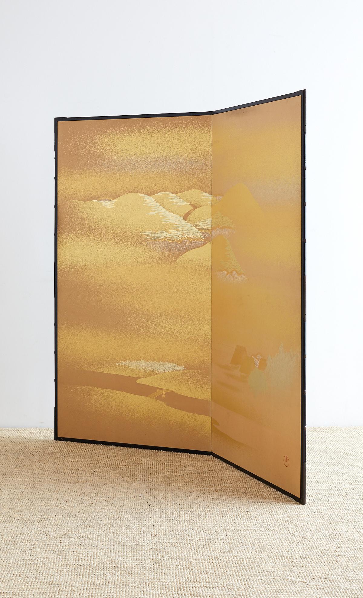 Ebonized Japanese Two-Panel Gold Leaf Screen by Yoshikawa For Sale