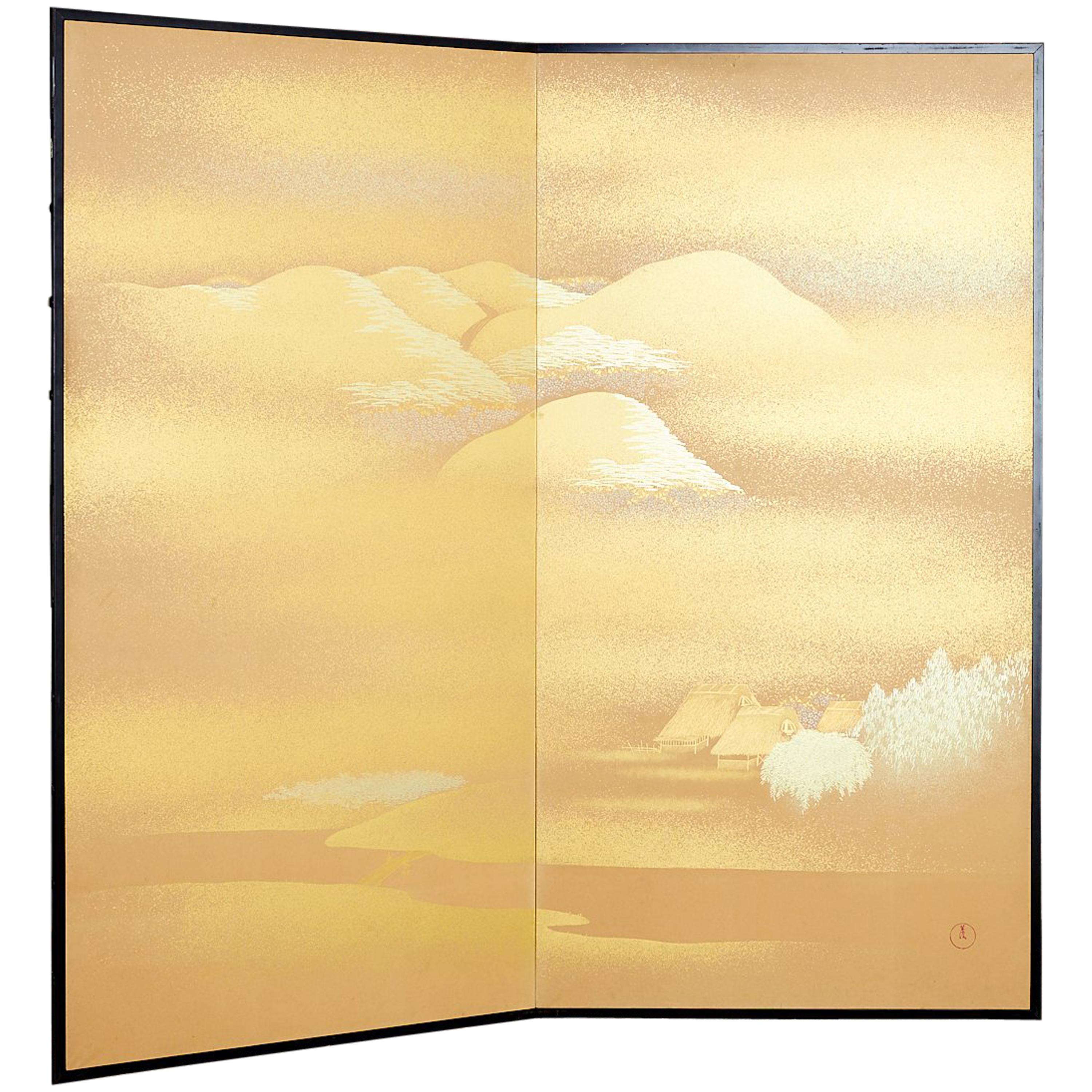Japanese Two-Panel Gold Leaf Screen by Yoshikawa For Sale