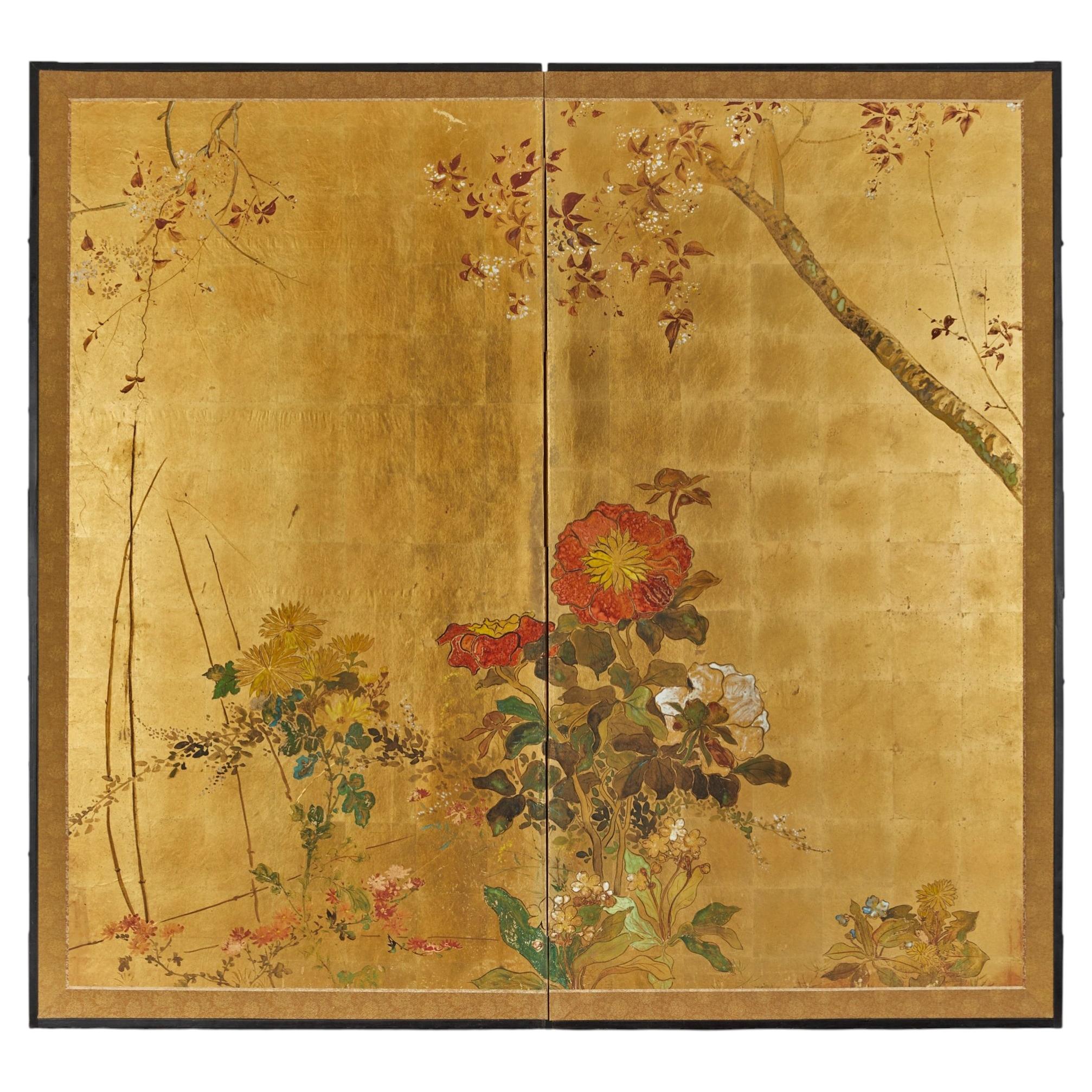 Japanese Two-Panel Gold Leaf Screen with Summer Flowers, Taisho Period, c. 1920