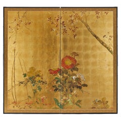 Japanese Two-Panel Gold Leaf Screen with Summer Flowers, Taisho Period, c. 1920