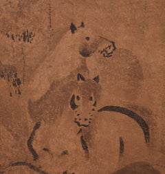 Japanese Two-Panel Ink Screen of Horses and Colts, Edo Period, c. 1800