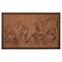 Japanese Two-Panel Ink Screen of Horses and Colts, Edo Period, c. 1800