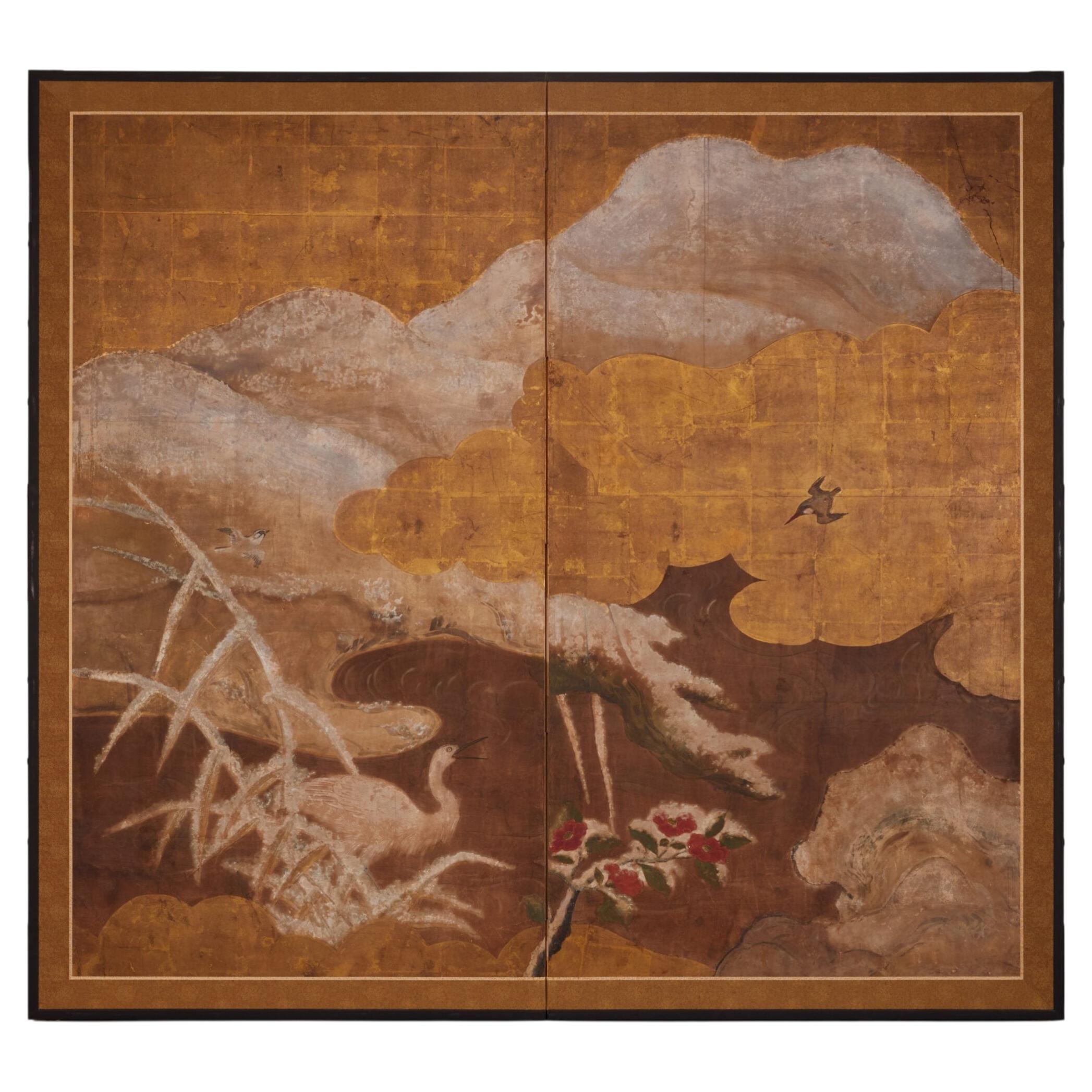 Japanese Two-Panel Kano School Screen with Heron and Camellias
