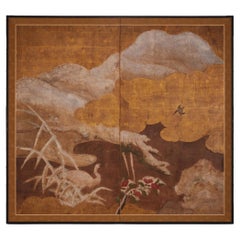 Japanese Two-Panel Kano School Screen with Heron and Camellias
