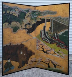 Japanese Two-Panel Kanō Screen -Tale of Genji & Cherry Blossoms