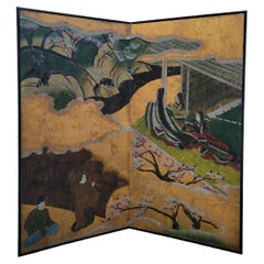 Paravento giapponese Kanō a due pannelli - Racconto di Genji e fiori di ciliegio